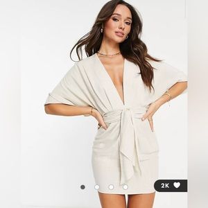 ASOS DESIGN batwing tie front linen mini dress in natural 14